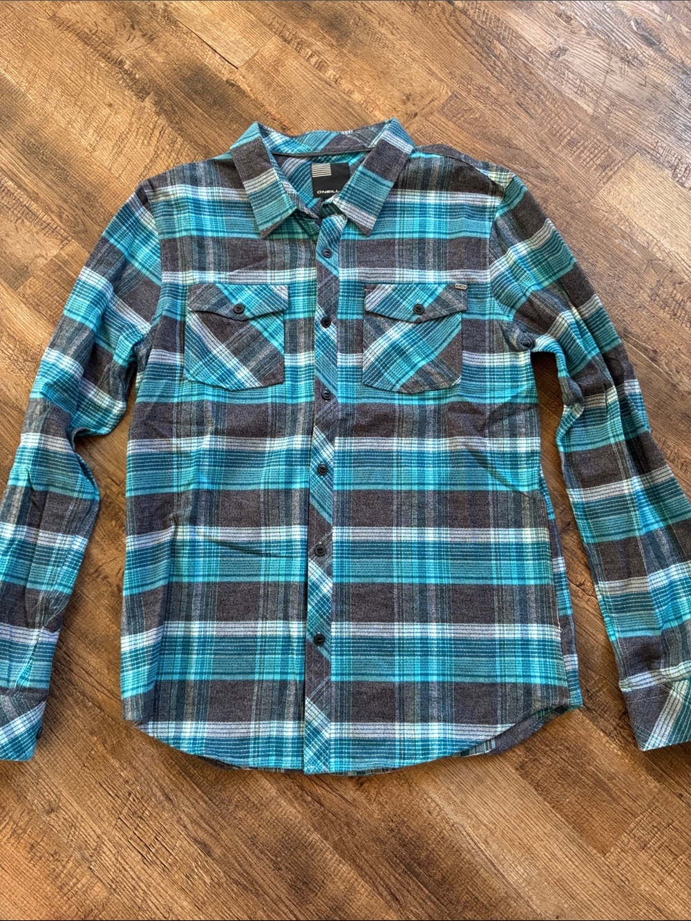 O'Neill Men's Teal and Gray Plaid Button-Down Shirt 100% Cotton